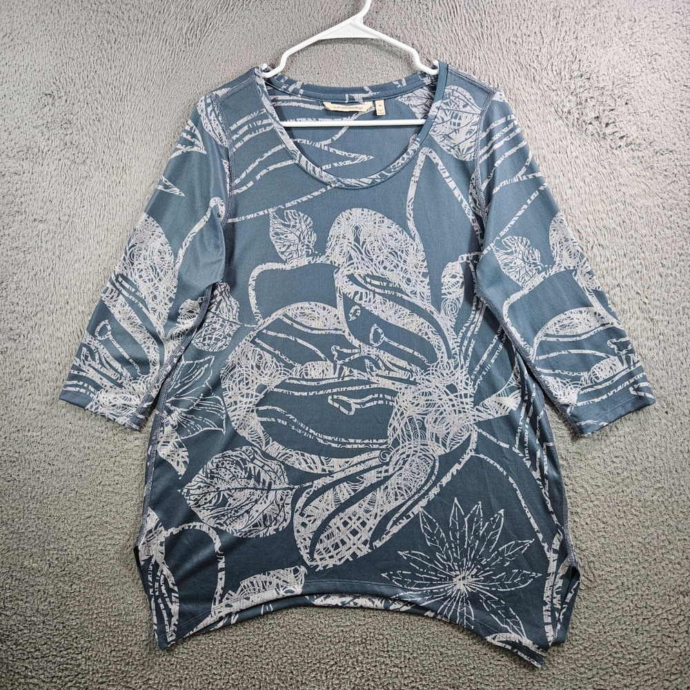 Soft Surroundings Tunic Top Blouse‎ Women Medium Abstract Leaf Stretch Blue Gray